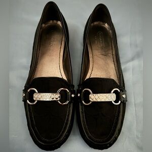 -Coach Eileen Black Canvas Leather Monogram Slip On Loafers
-Size 6/Half